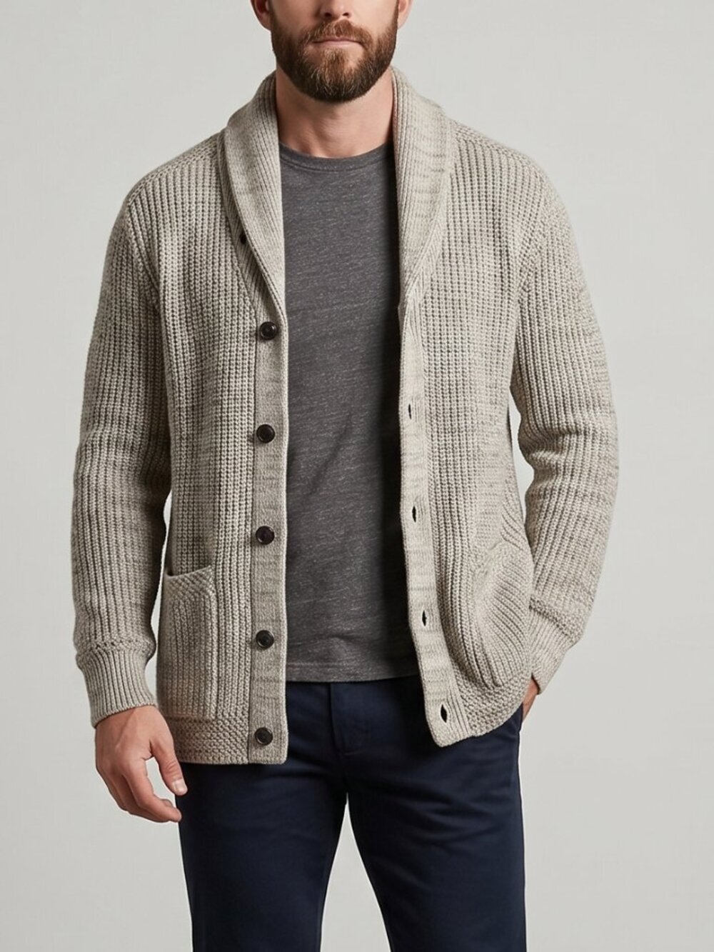 Polo Ralph Lauren Chunky Shawl Collar Cardigan Oatmeal Beige Cotton Knit L